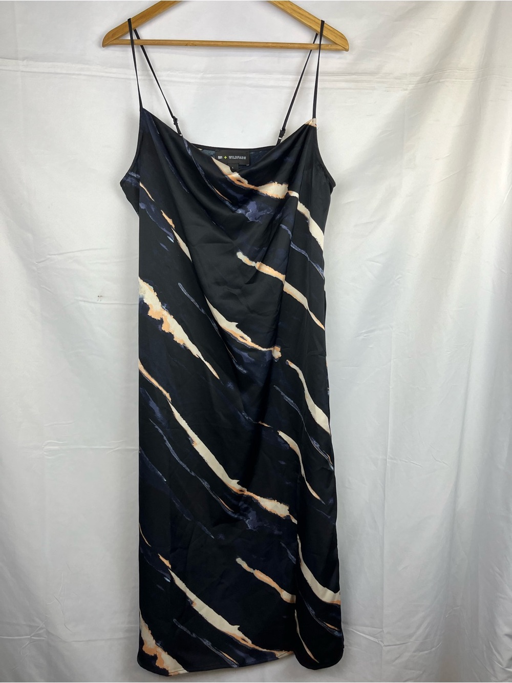 BP x Wildfang Black Satin Cowl Neck Midi Slip Dress Size L